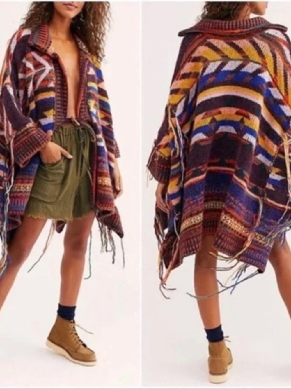 FREE PEOPLE SOUTHWEST FRINGED TOGGLE CLOSURE PONCHO